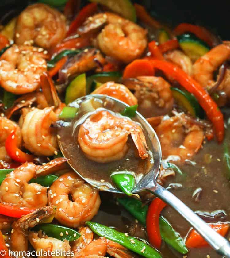 Shrimp Stir Fry with a honey, soy, and garlic-based sauce and vegetables 