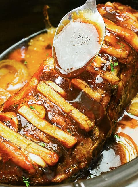 Slow cooker pork loin in a delicious glaze