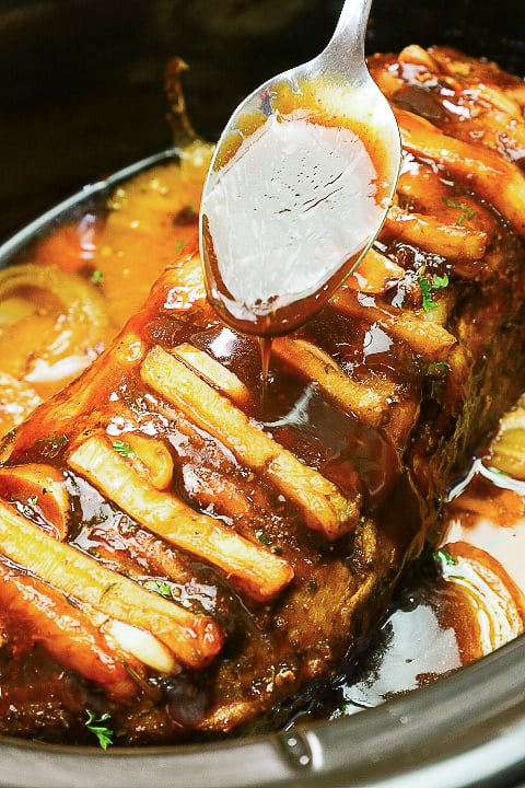 Slow cooker pork loin in a delicious glaze