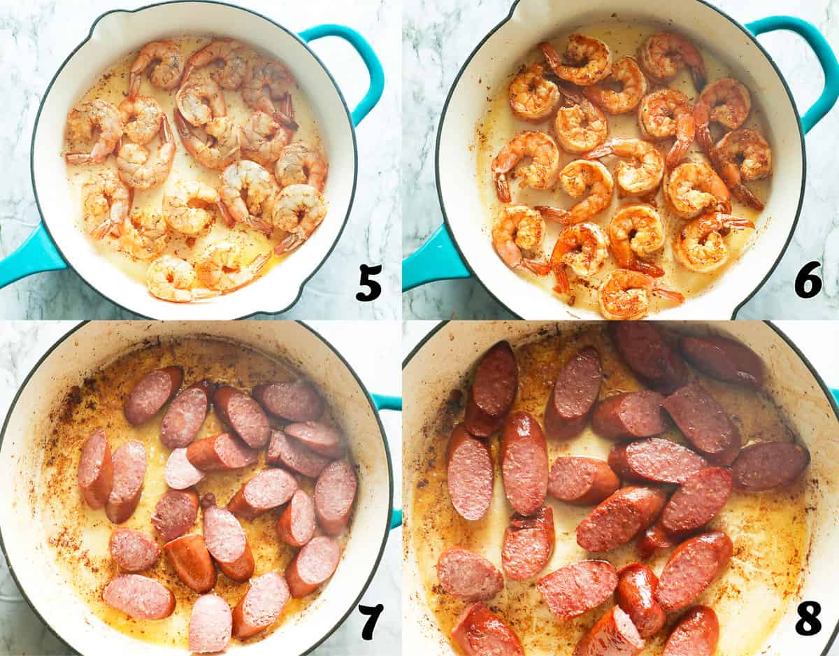 Saute the seafood and Andouille sausage