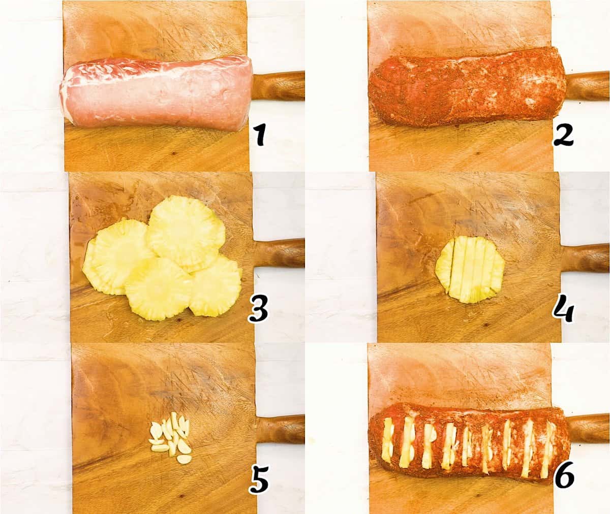 Assaisonner la viande, trancher l'ananas et l'ail, et farcir le rôti