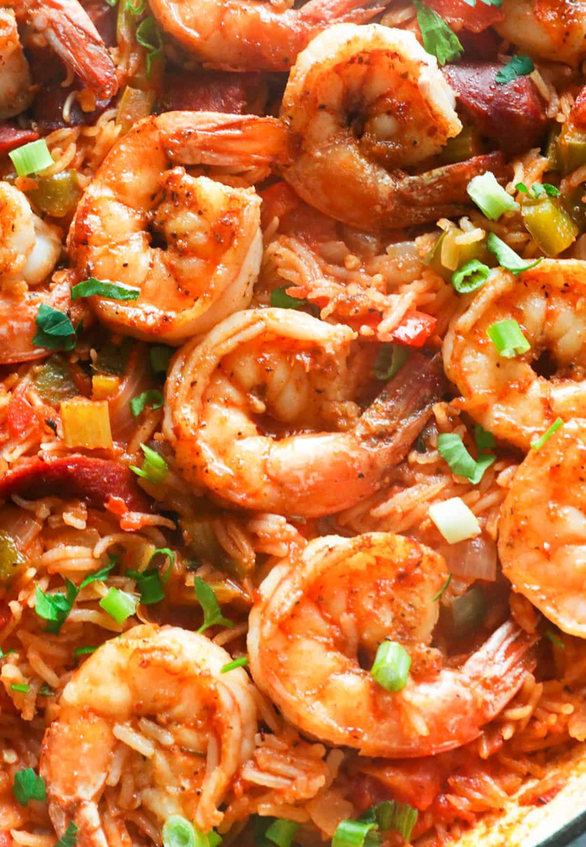 Close up of delicious jambalaya shrimp