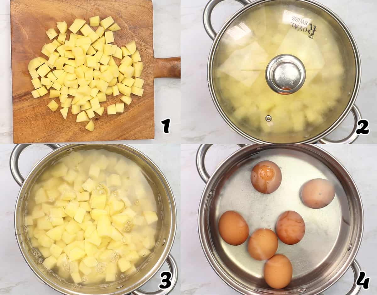 Boil the potatoes and eggs