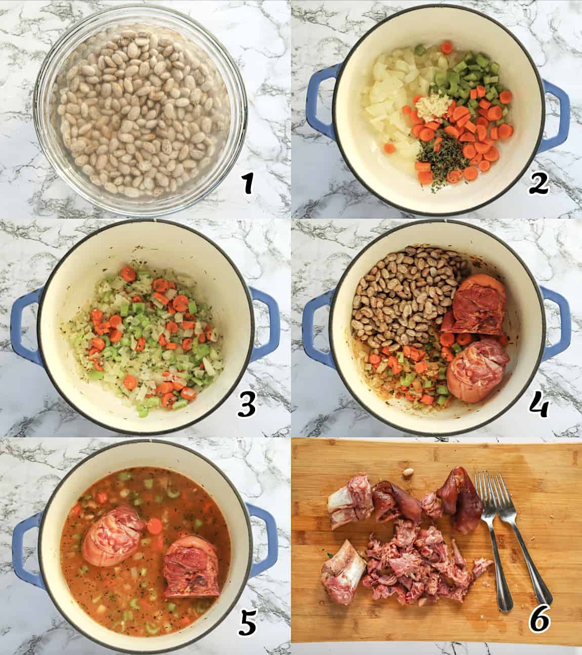 Soak legumes, saute veggies, add flavorings and broth, and simmer to perfection