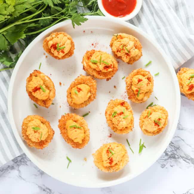 A plateful of decadent fried deviled eggs