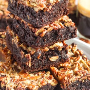 Insanely delicious pecan pie brownies sliced and ready to serve