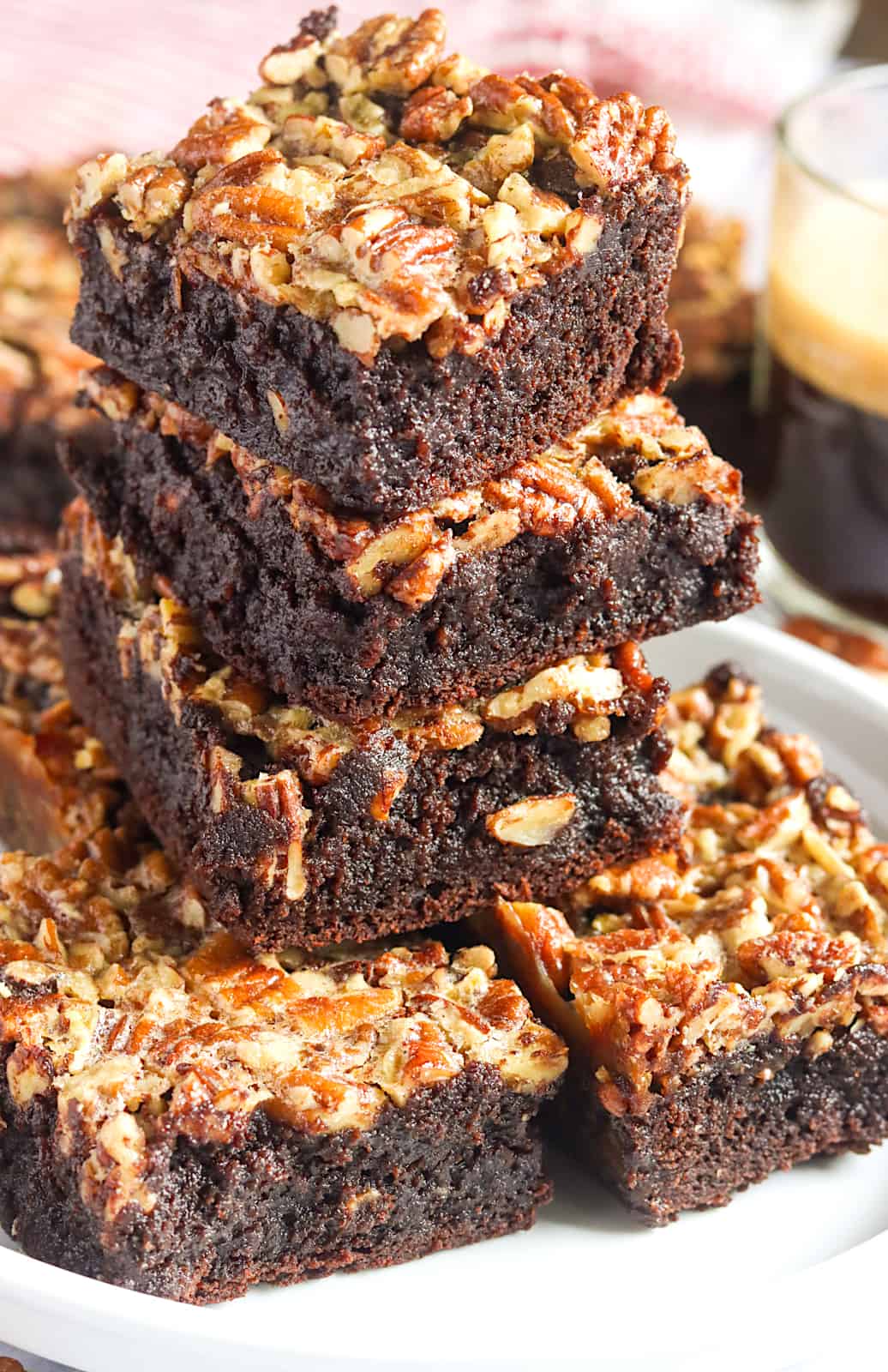Insanely delicious pecan pie brownies sliced and ready to serve
