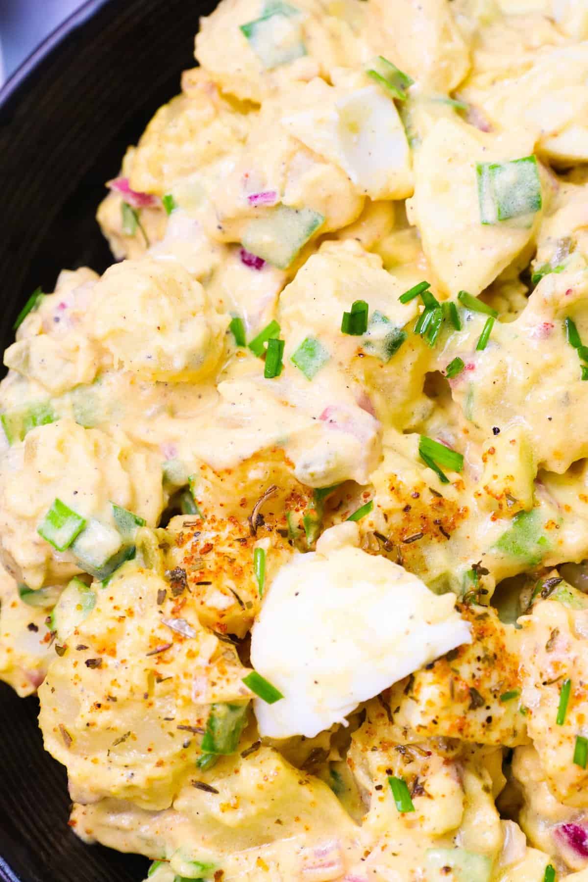 A gorgeous closeup of deviled egg potato salad