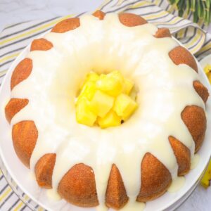 Decadent pineapple pound cake ready to slice