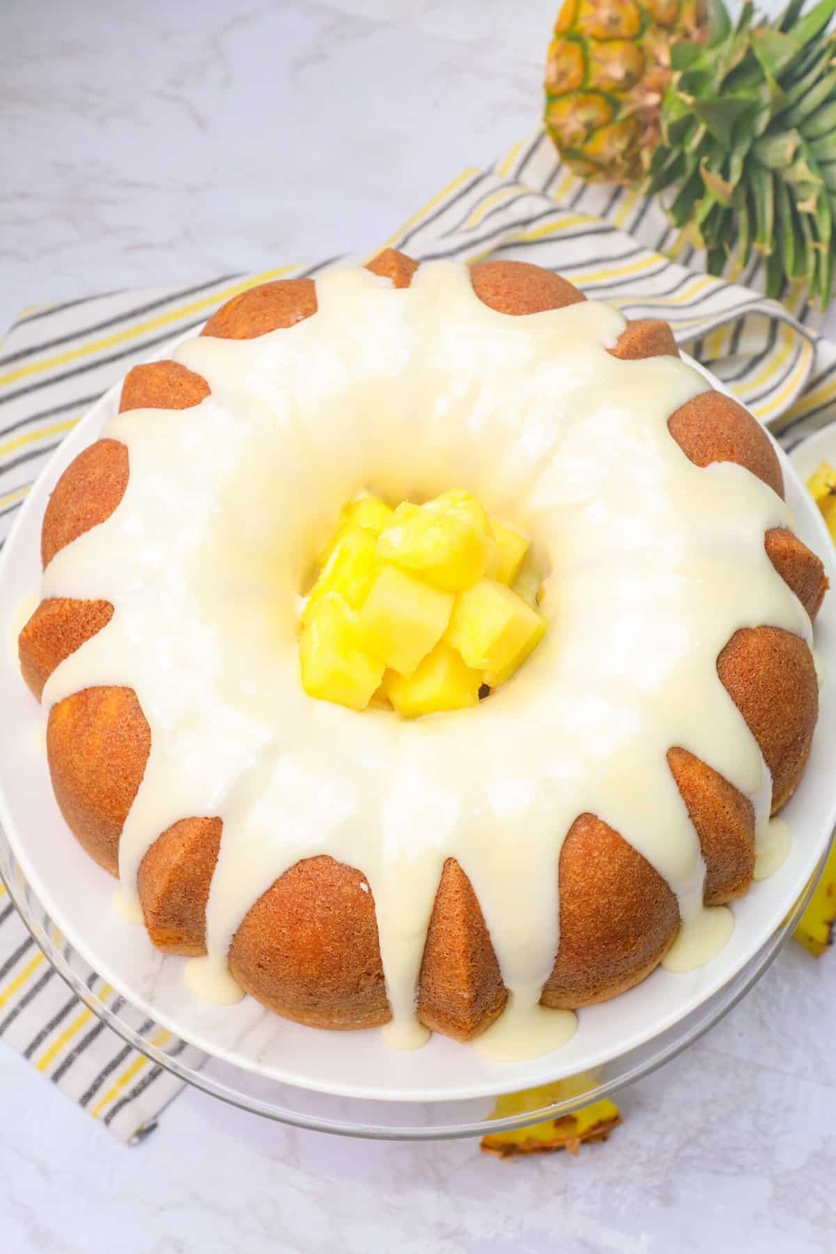 Decadent pineapple pound cake ready to slice
