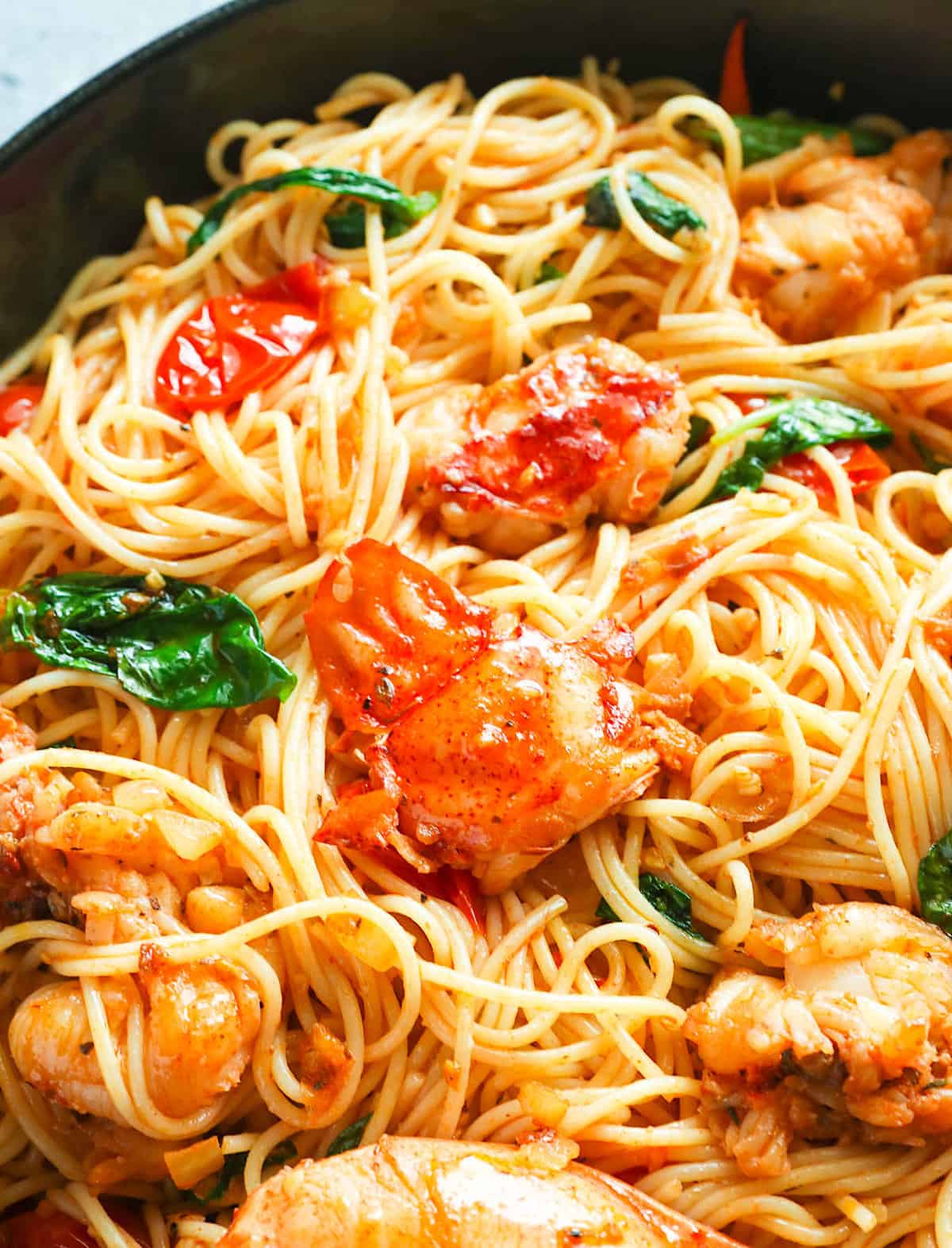 Delicious closeup of decadent lobster pasta