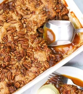 Serving up the best pecan pie cobbler with ice cream