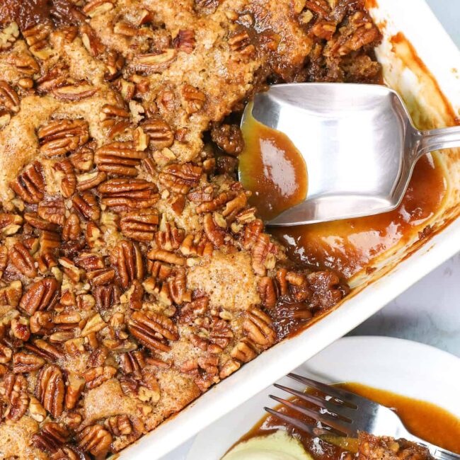 Serving up the best pecan pie cobbler with ice cream