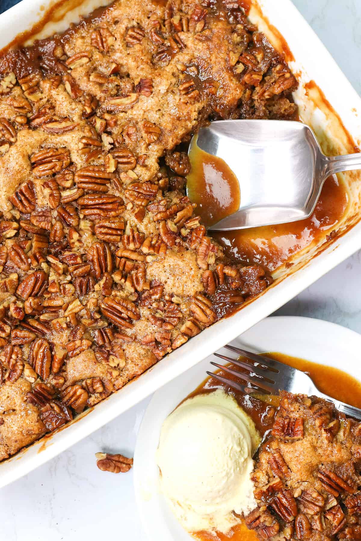 Serving up the best pecan pie cobbler with ice cream