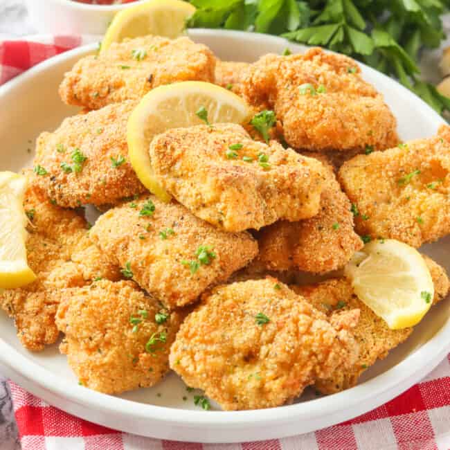 A plateful of freshly fried catfish nuggets for the ultimate comfort food