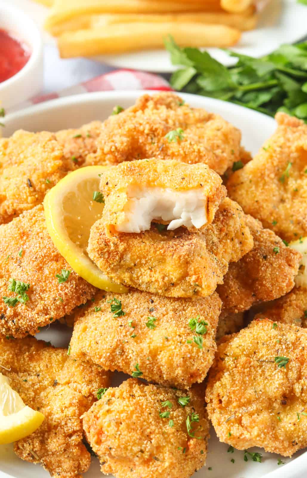 While enjoying bite-sized catfish nuggets, show off the plump contents
