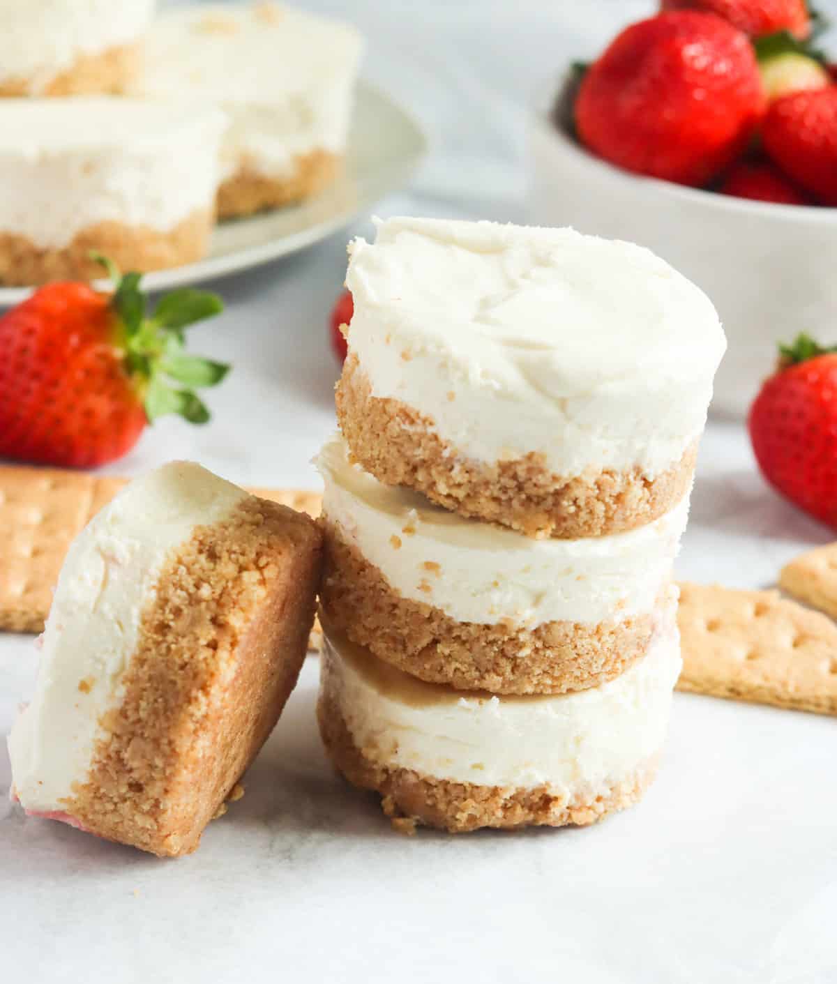 A mouthwatering stack of no-bake cheesecake bites