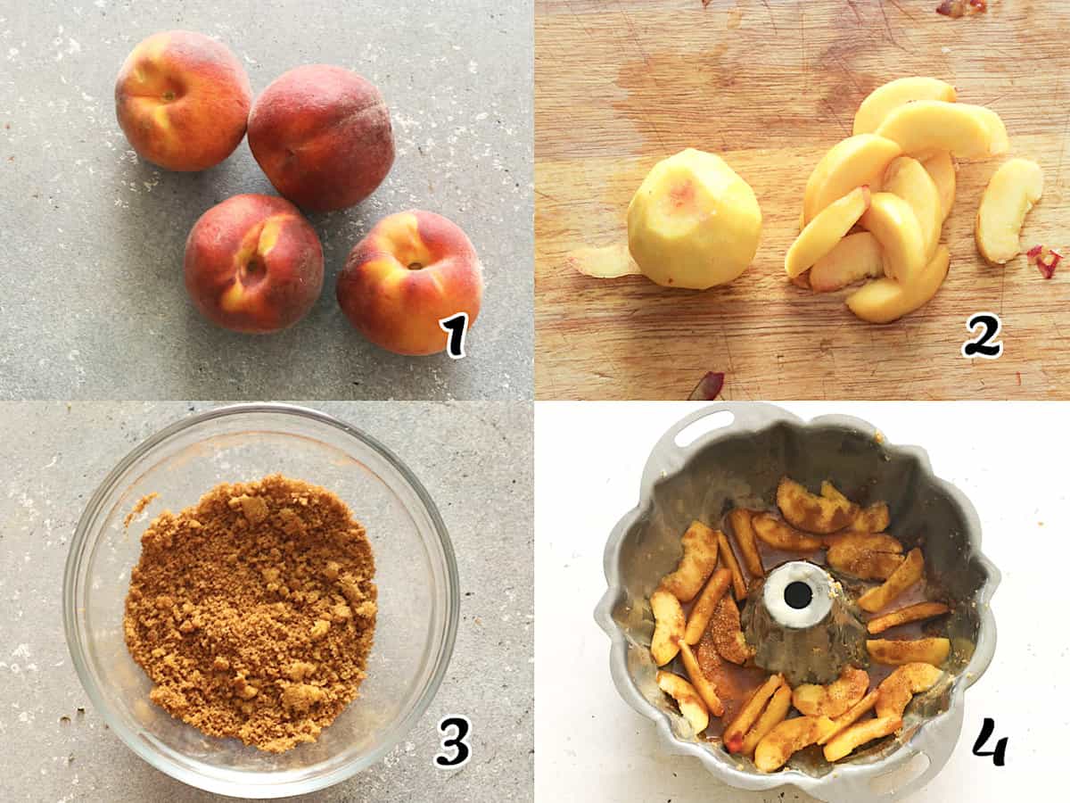 Peel and slice peaches and layer with cinnamon sugar, vanilla, and bourbon