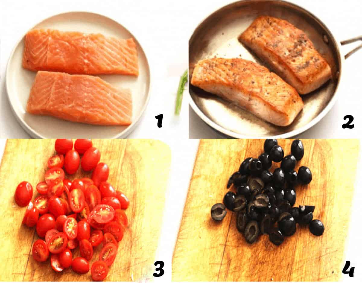 Cook the fish and slice the tomatoes and olives