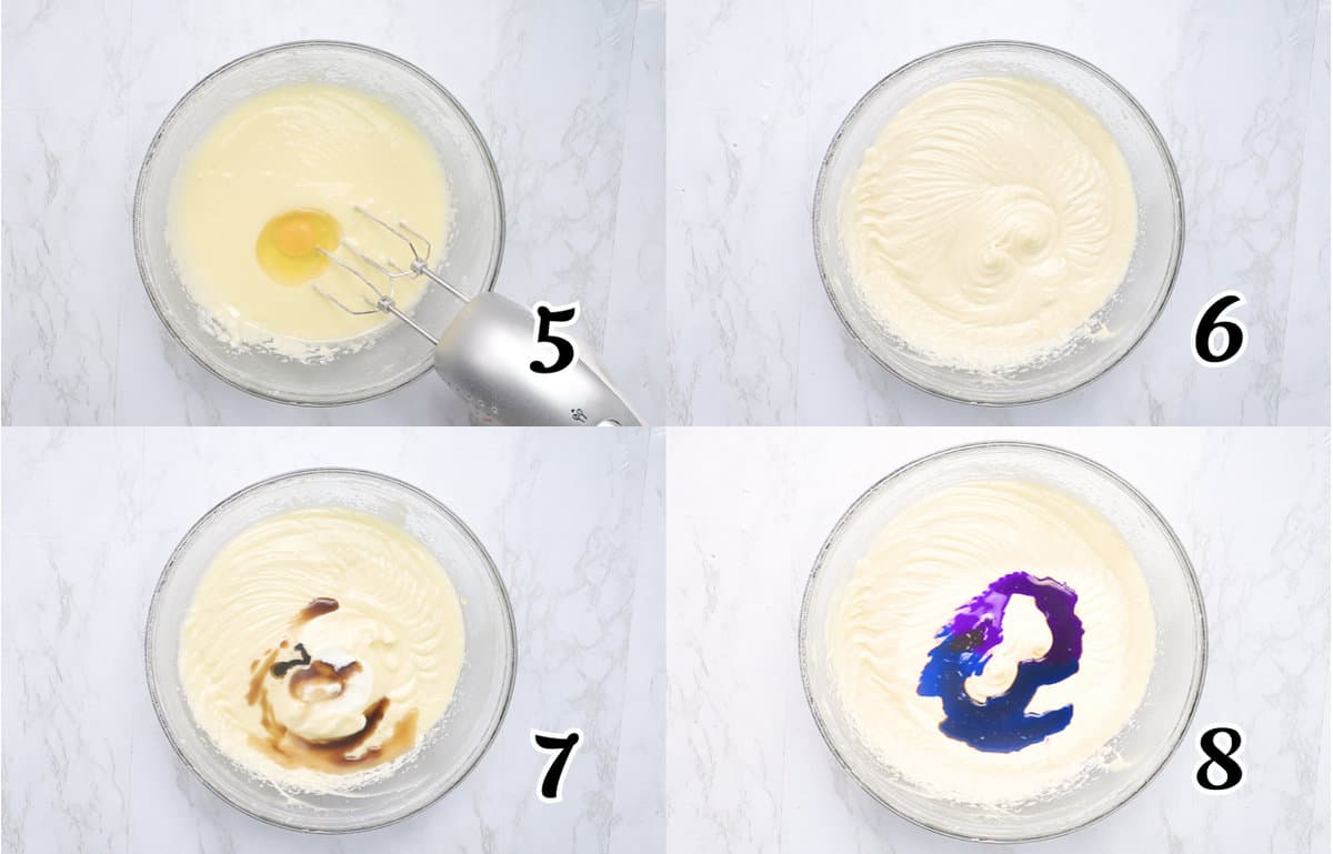 Add the eggs, then the blue and violet food coloring