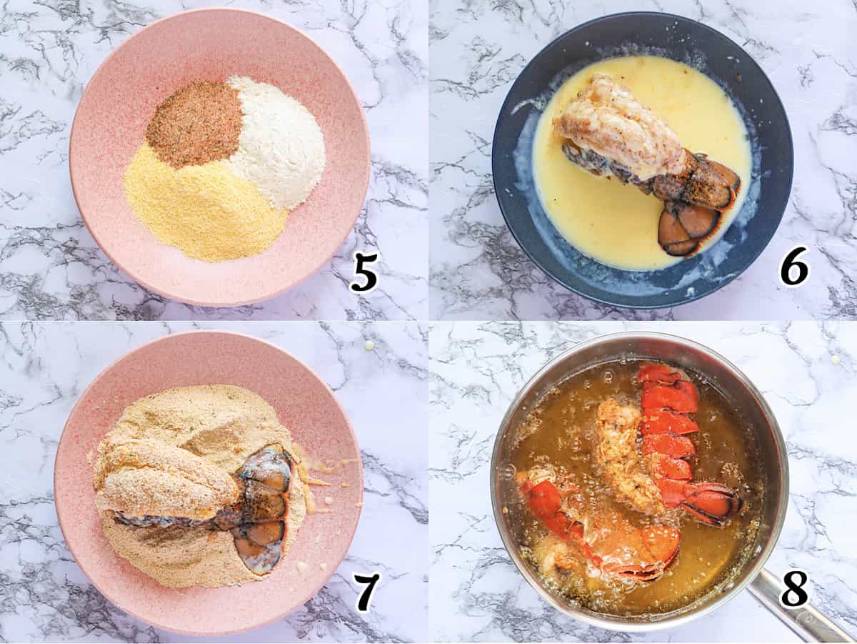 Make the breading, dip and bread the lobster tails, and then fry them