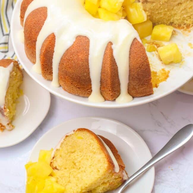 Serving up a slice of insanely delicious pineapple pound cake with extra chunks of pineapple