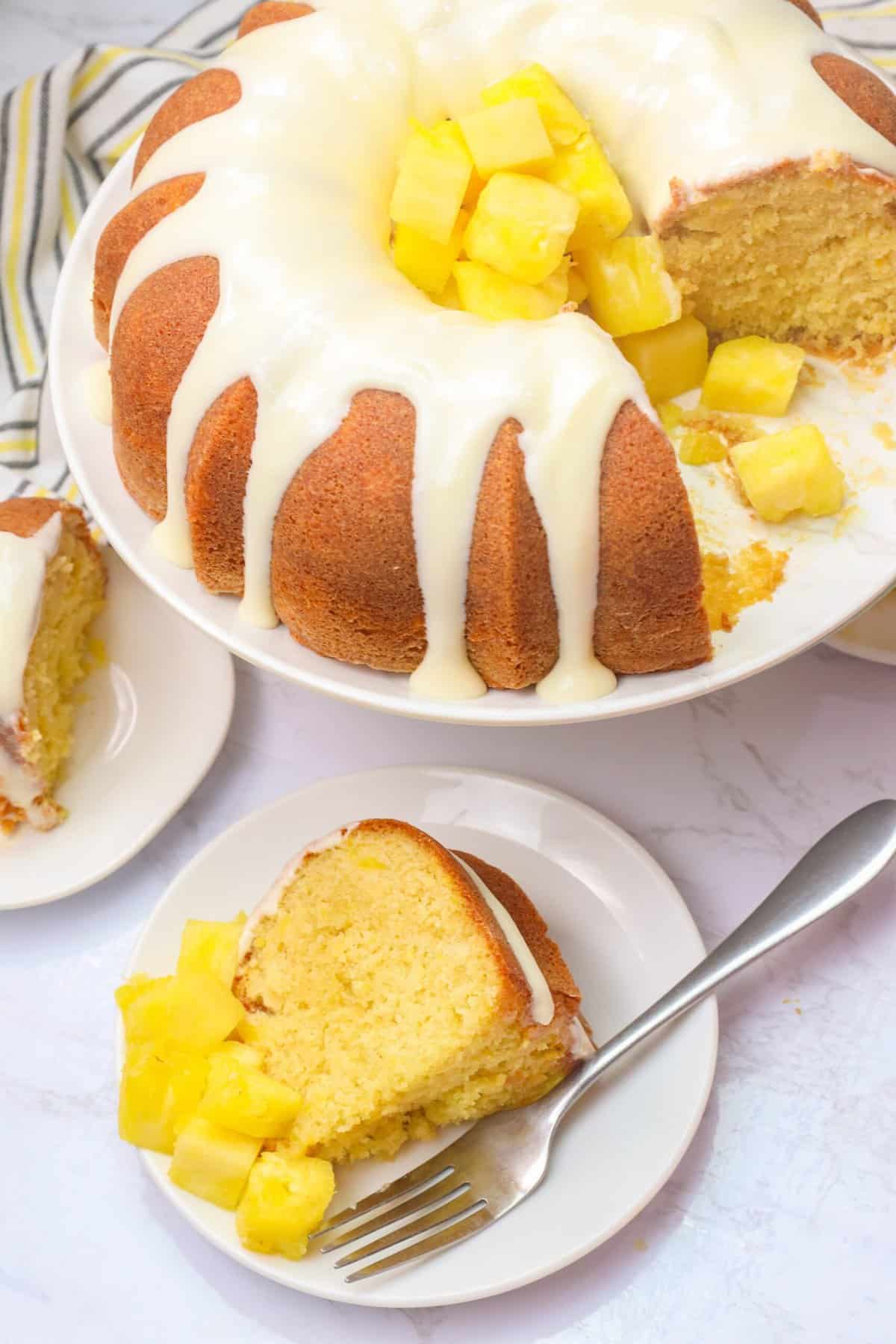 Serving up a slice of insanely delicious pineapple pound cake with extra chunks of pineapple