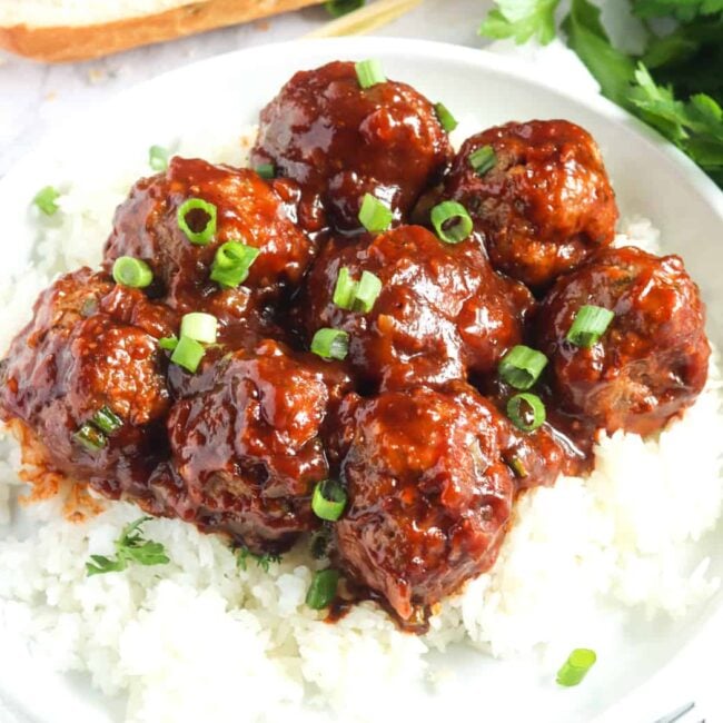 Absolutely delicious BBQ meatballs perfect over rice or in a sandwich