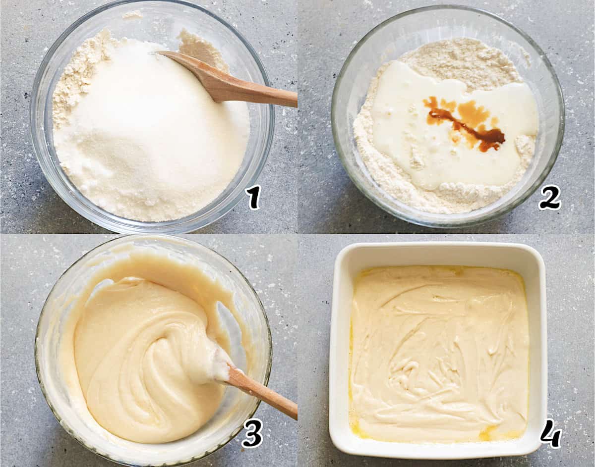 Mix the dry ingredients, add the wet, and pour batter in the baking dish.