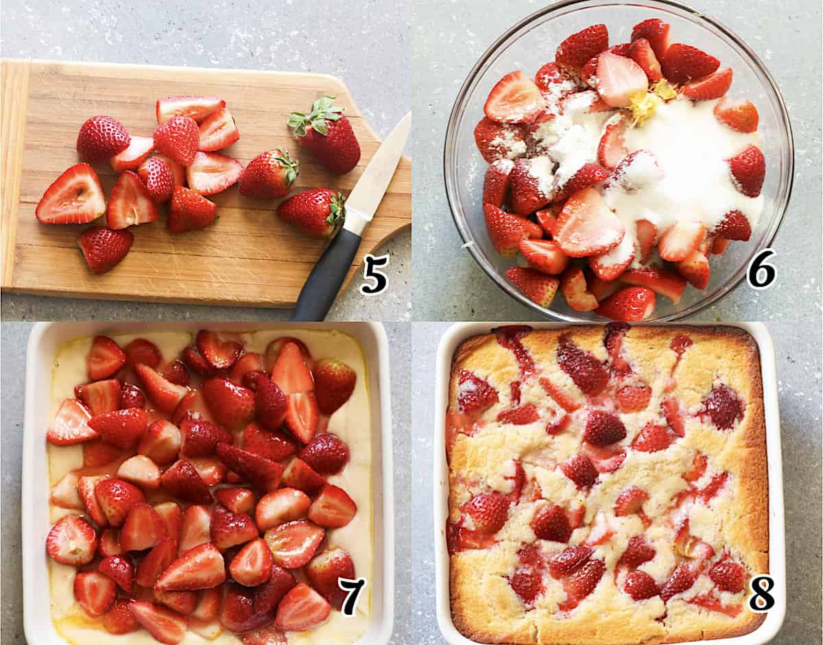 Prep the fruit, pour it over the batter, and bake