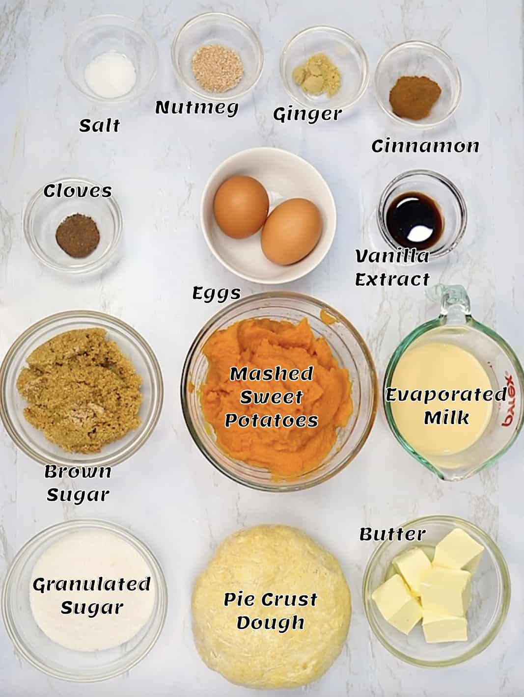 Ingredients for sweet potato pecan pie filling