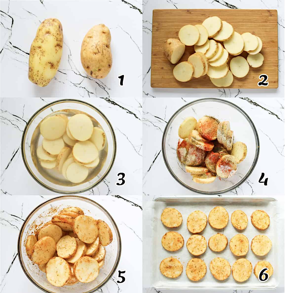 Wash the spuds, slice and soak them, then season and bake them