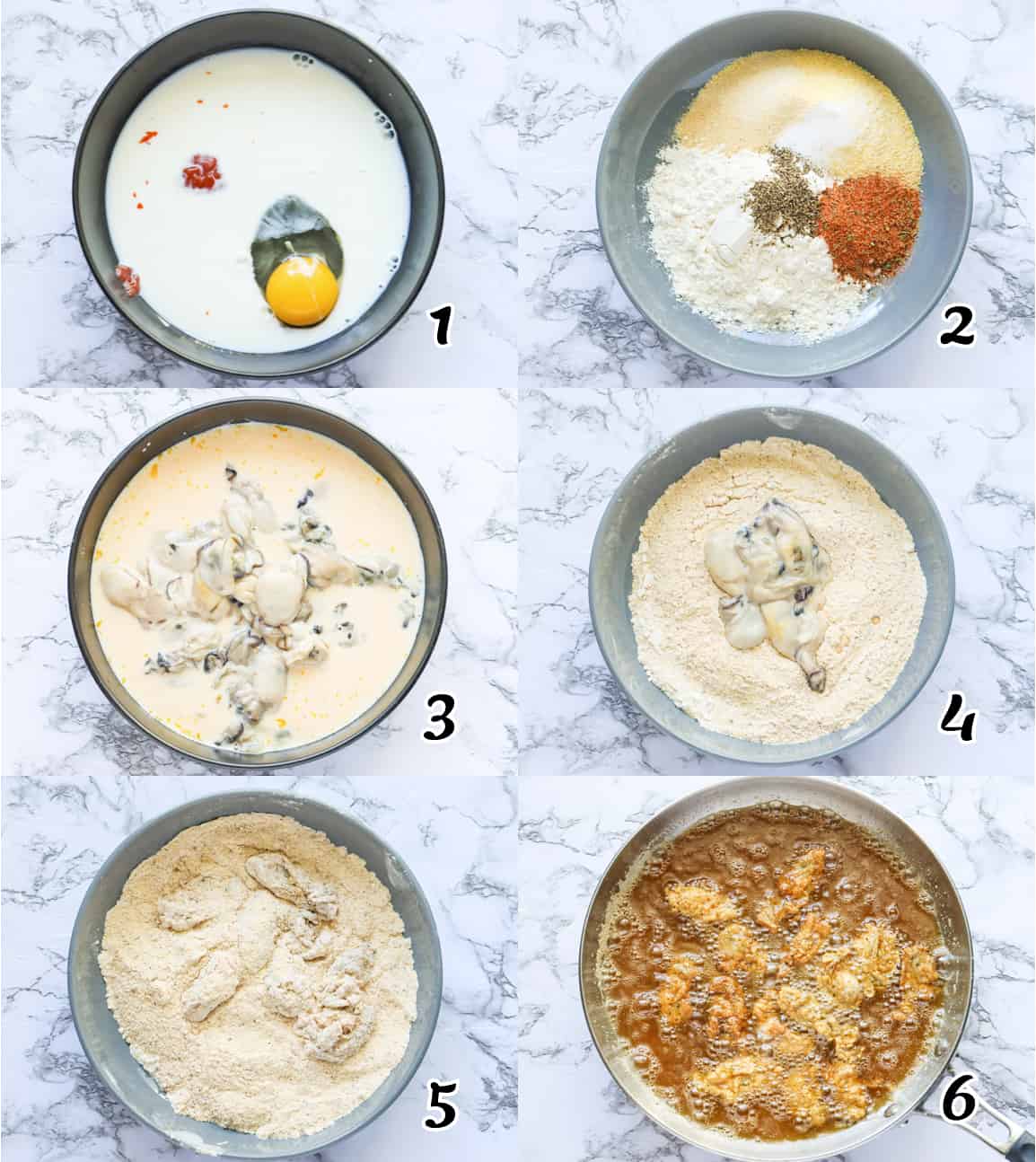 Make the wash and breading, marinate, and fry your seafood