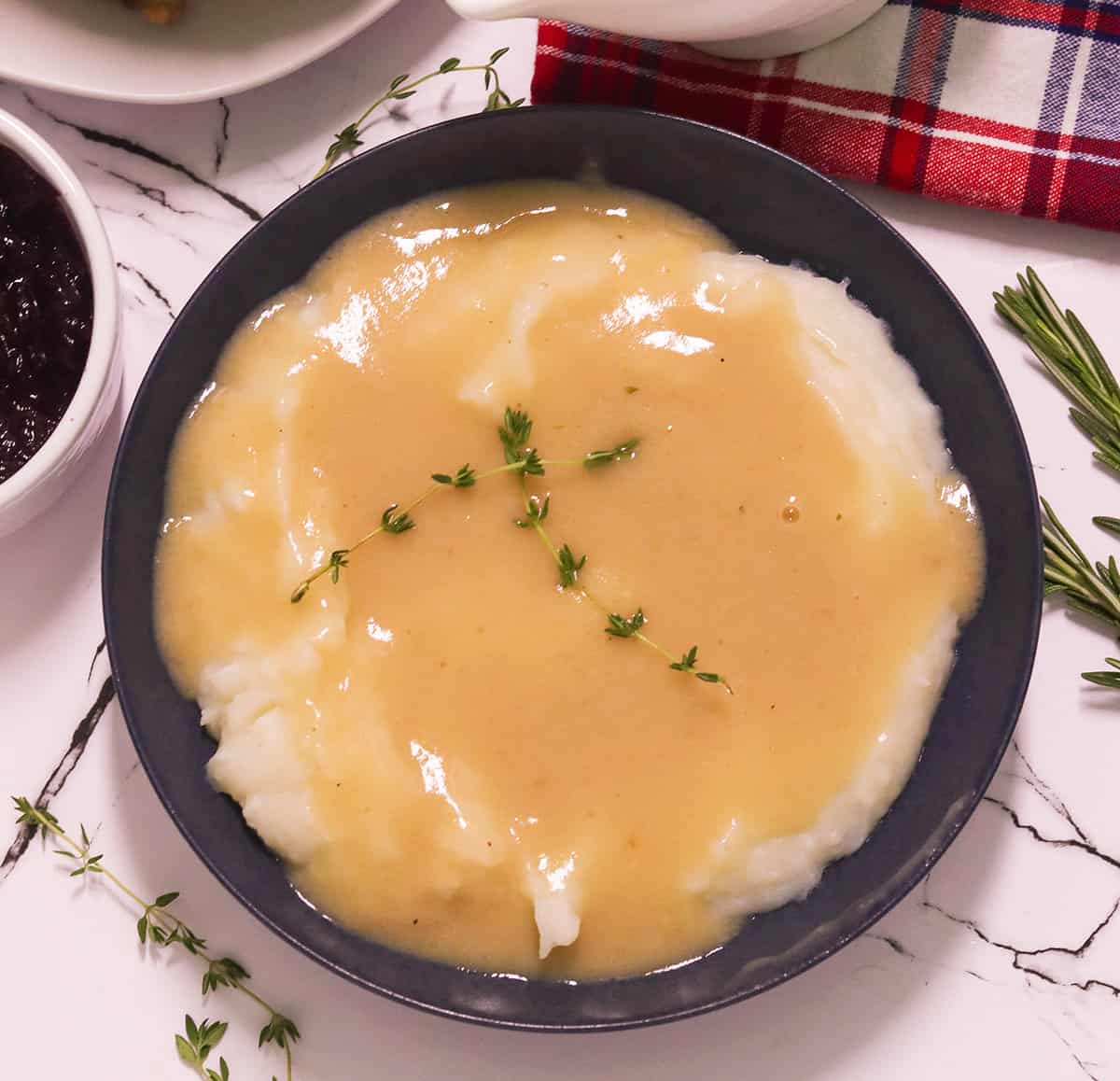 Homemade turkey gravy over mashed potatoes. No drippings required