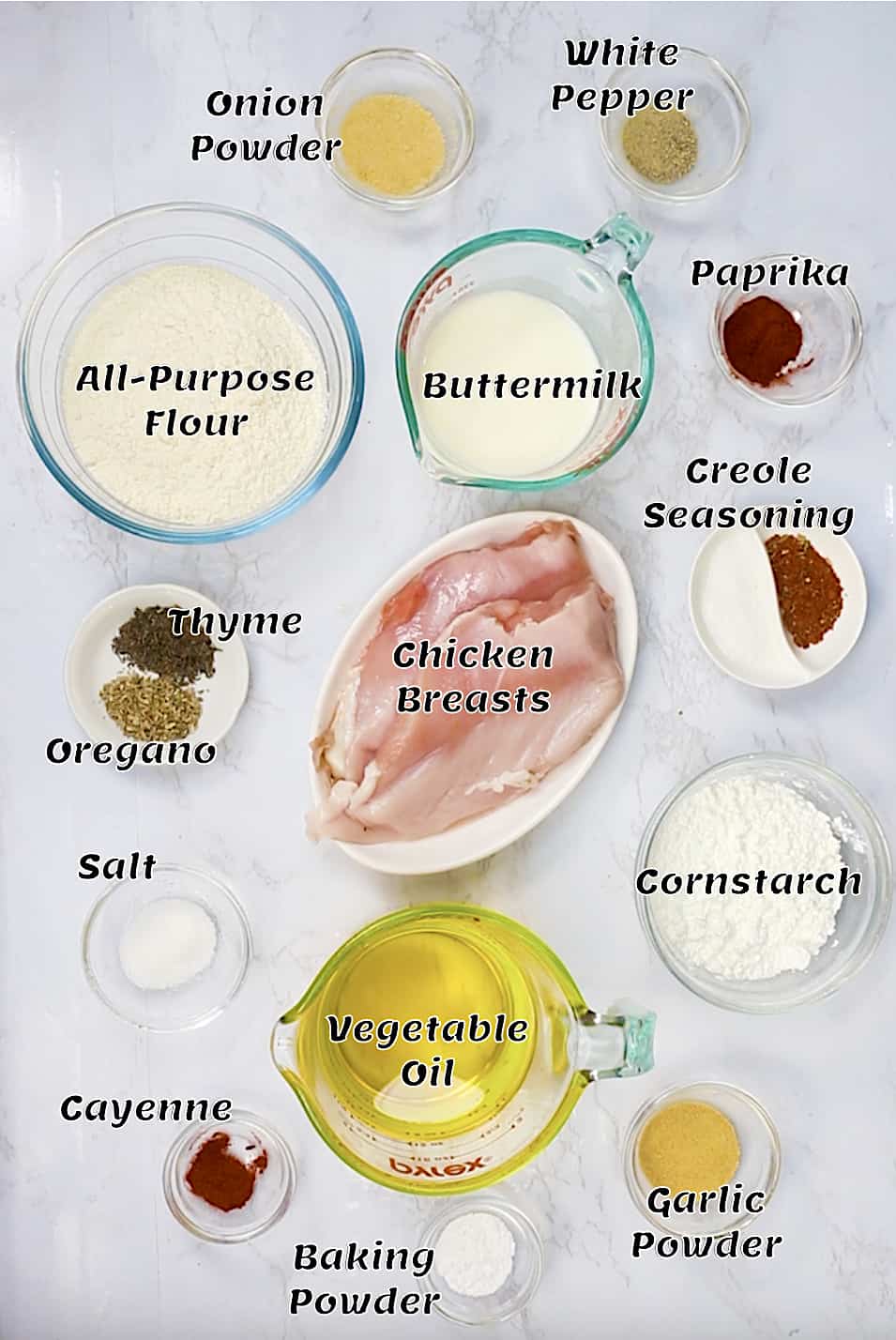 Recipe ingredients for the fried chicken in a sandwich.
