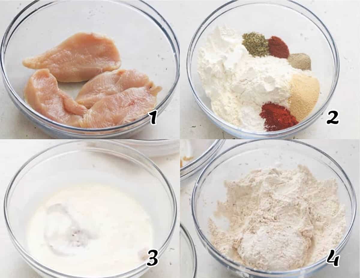 Season the meat, make the breading, dip in buttermilk, and dredge in flour