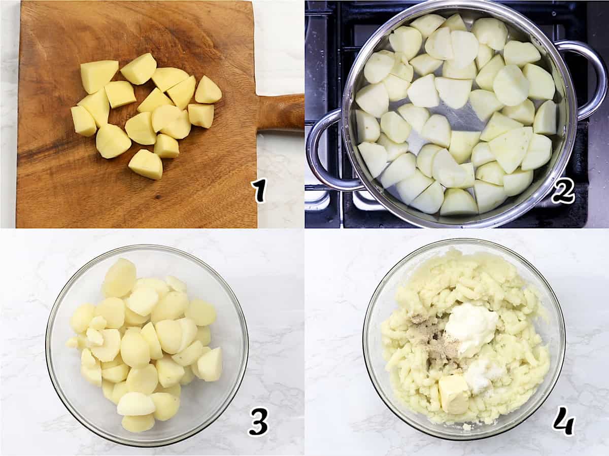Wash and chop potatoes, cook them and make the mashed potato topping
