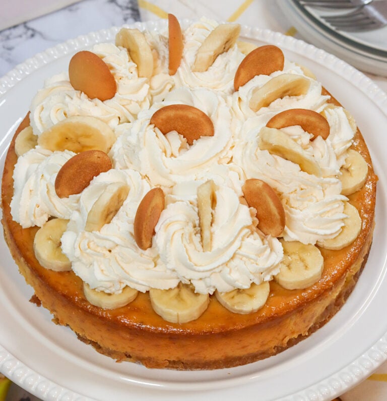 Freshly made banana pudding cheesecake ready to serve