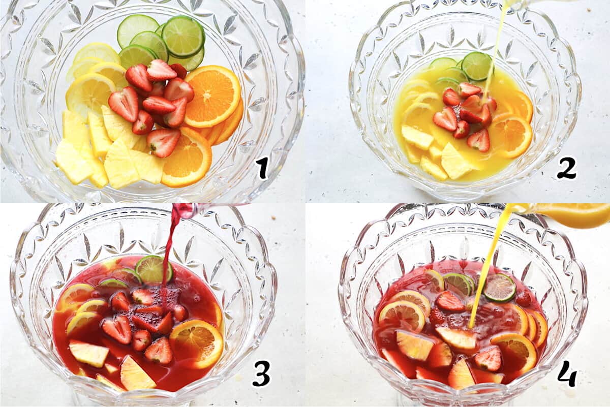 Slice the fruit, pour in the juices and alcohol, and enjoy responsibly.