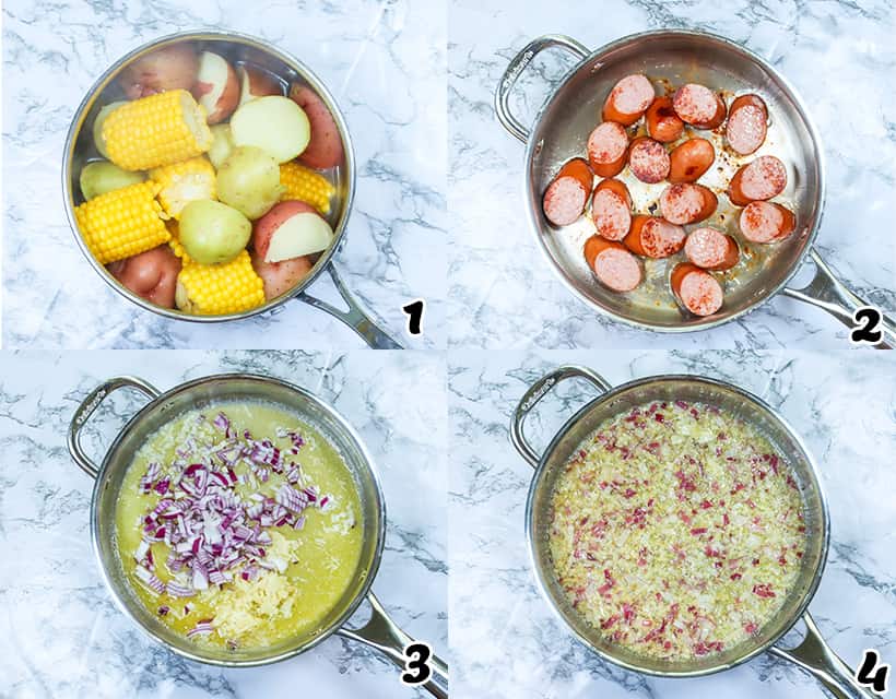 Cook the potatoes and corn, fry the sausage, and saute the aromatics