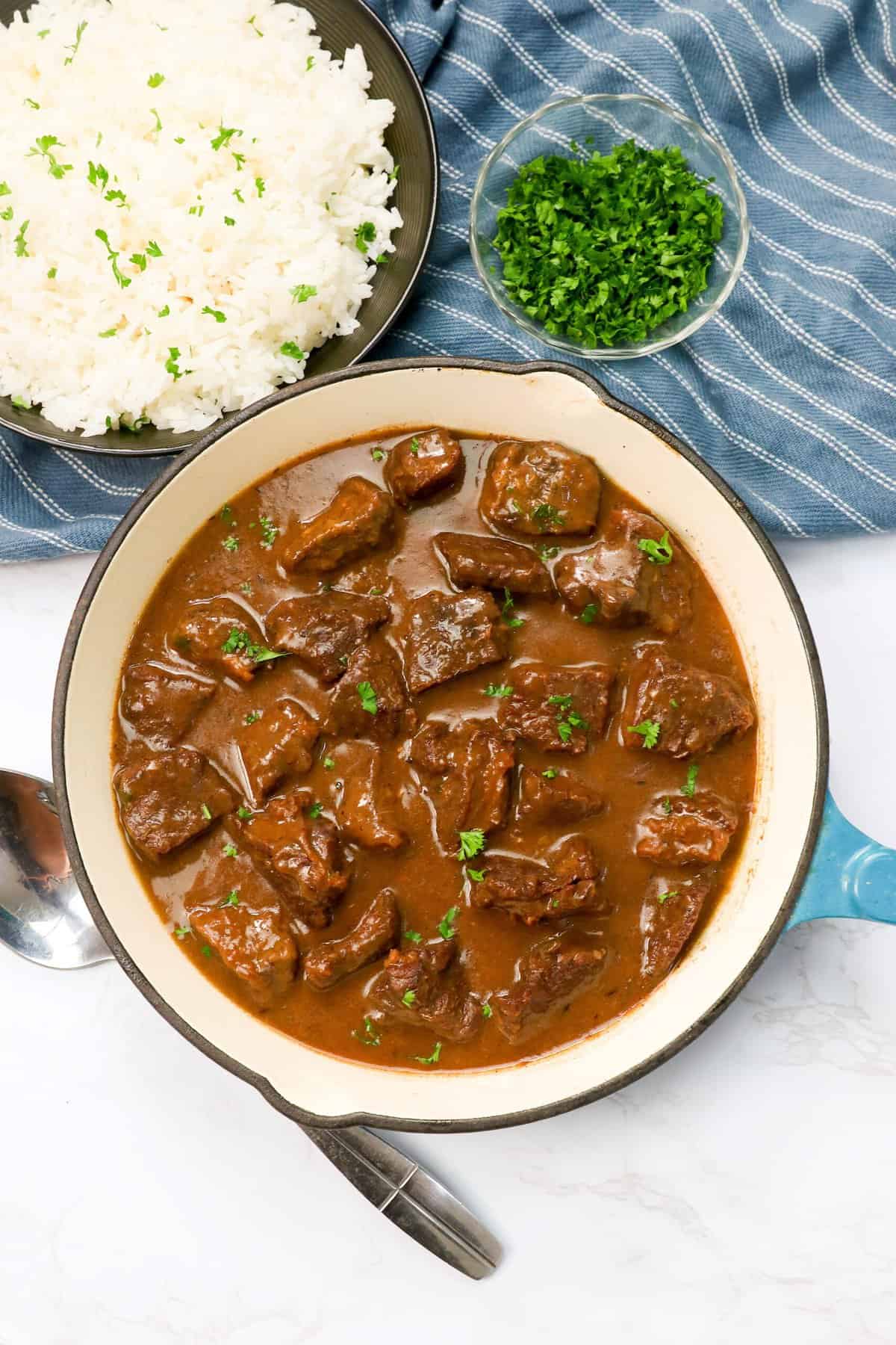 Beef tips ready to serve over fluffy rice