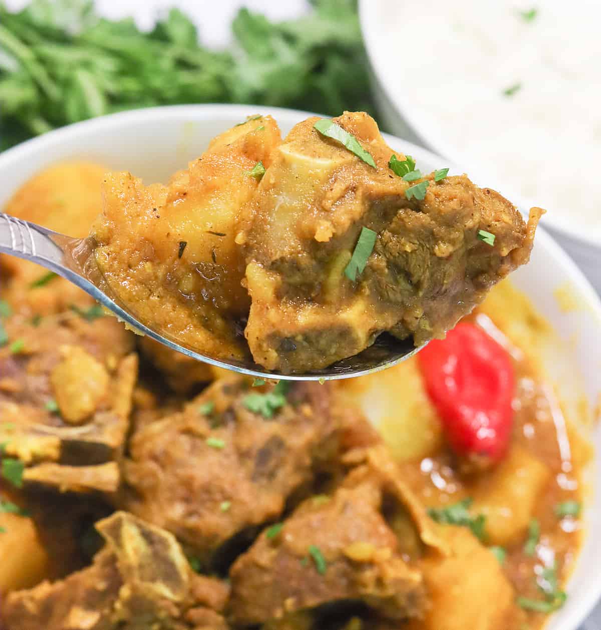 Enjoying a spoonful of lamb curry