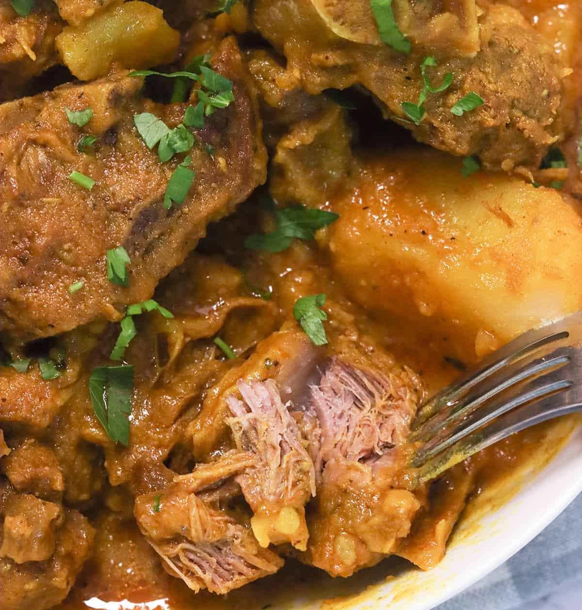 A closeup of tender, fall-off-the-bone lamb in curry