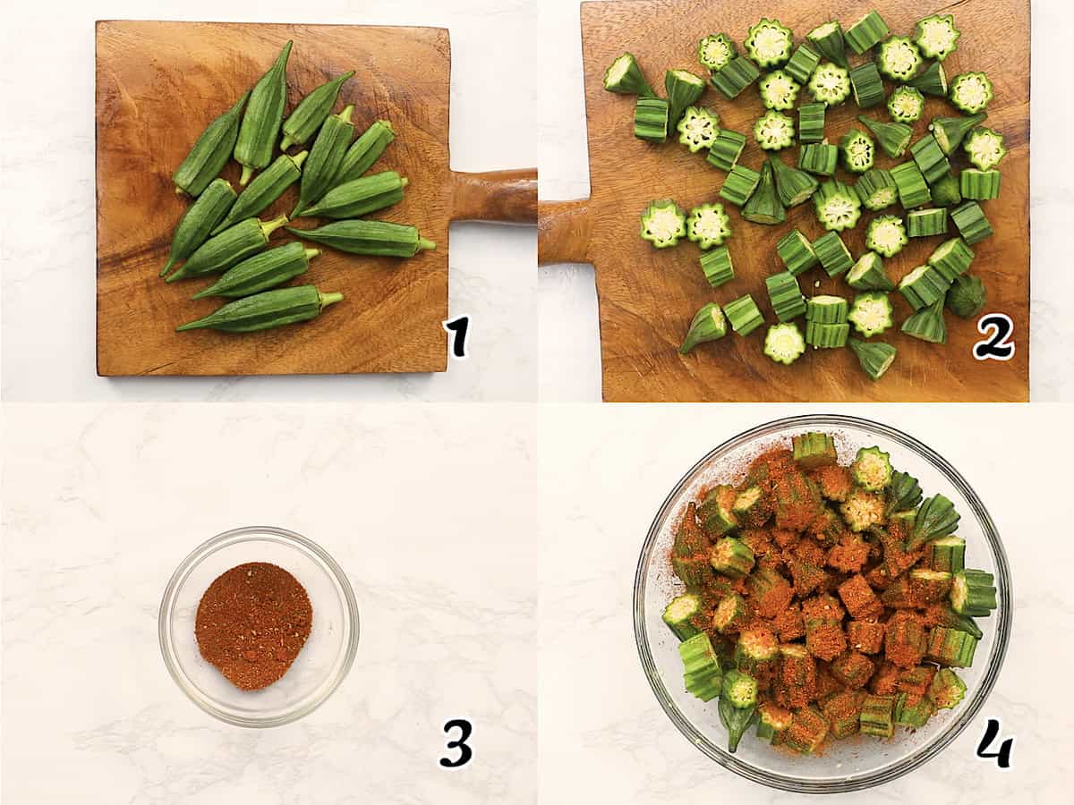 Clean and chop okra, then season