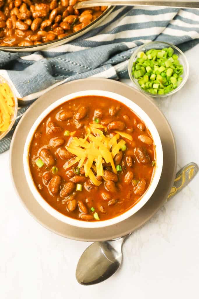 A bowl of Ranch Style Beans, a Tex-Mex specialty with a rich and spicy flavor