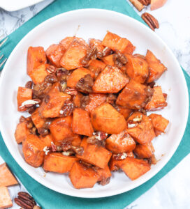 Yam Casserole with fall spices and crunchy buttery pecans