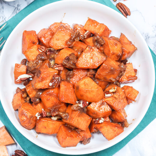 Yam Casserole with fall spices and crunchy buttery pecans