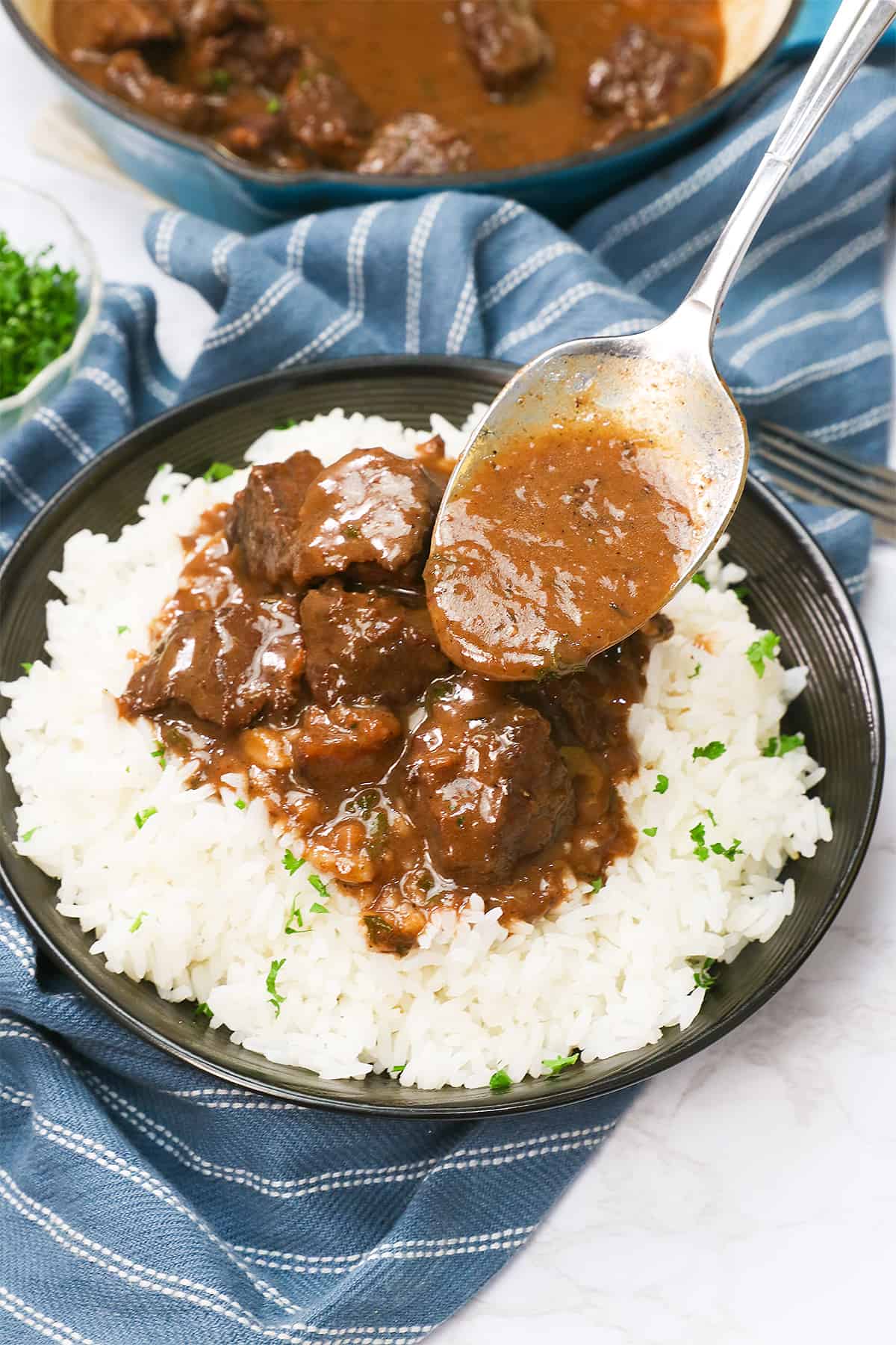 Ready to serve Beef Tips and Rice Recipe