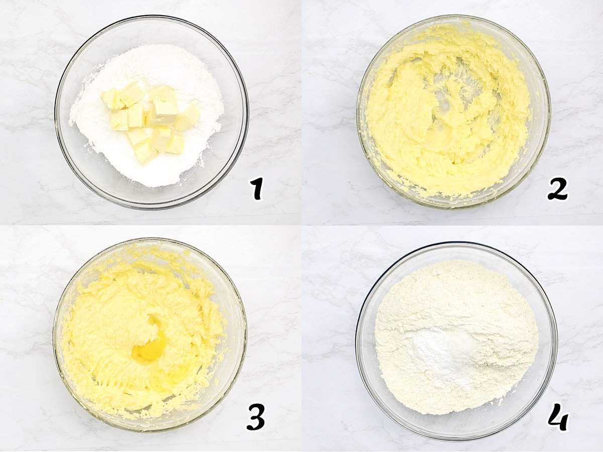 Cream the butter and sugar, add the eggs, then the dry ingredients