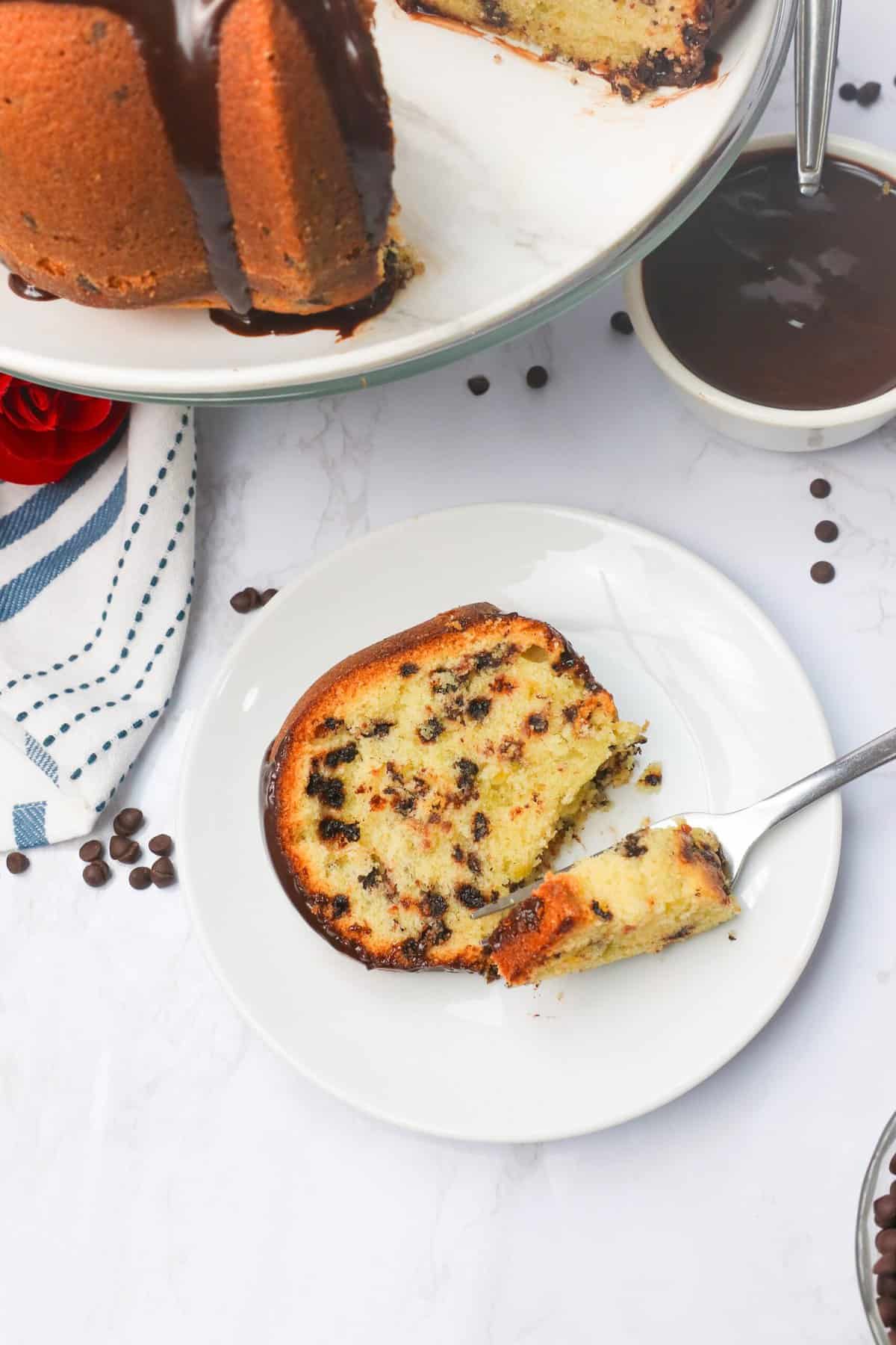 Enjoying a soul satisfying slice of Chocolate Chip Bundt Cake